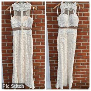 Avery G Blush Lace Beaded Sheer Prom Dress